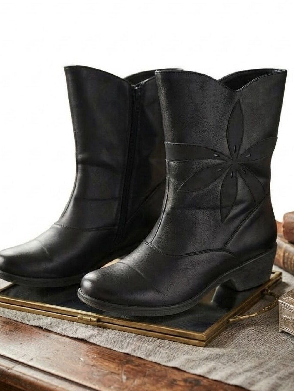 Tender Tootsies Black Mid-Calf Leather Boots with Floral Detail Size 9
